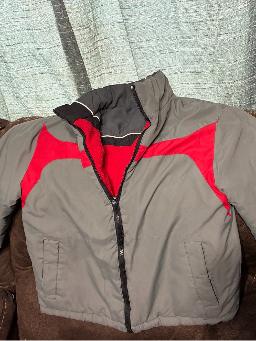 Kids Grey Puffer Jacket with Red Accent - Insulated Winter Coat